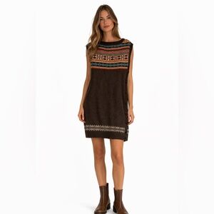 Sundance Nordic Fair Isle Sleeveless Button Sweater Dress Brown Small